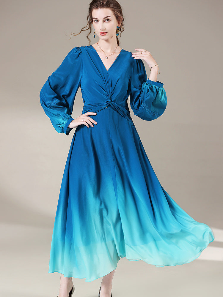 Blue Ombre Long Sleeve V Neck Luxury Long Mulberry Silk Dress SD061