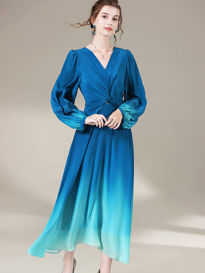 Blue Ombre Long Sleeve V Neck Luxury Long Mulberry Silk Dress SD061