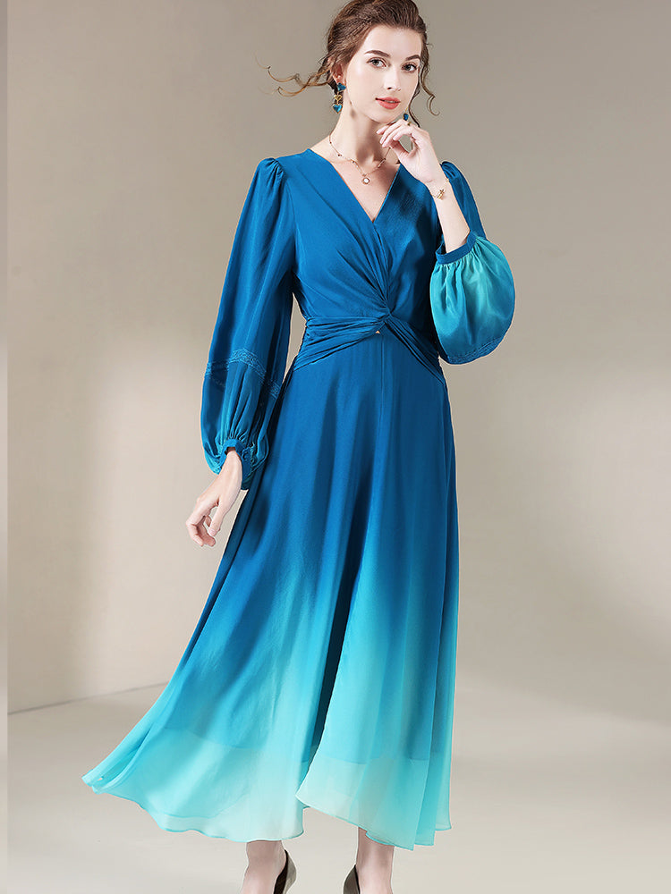 Blue Ombre Long Sleeve V Neck Luxury Long Mulberry Silk Dress SD061