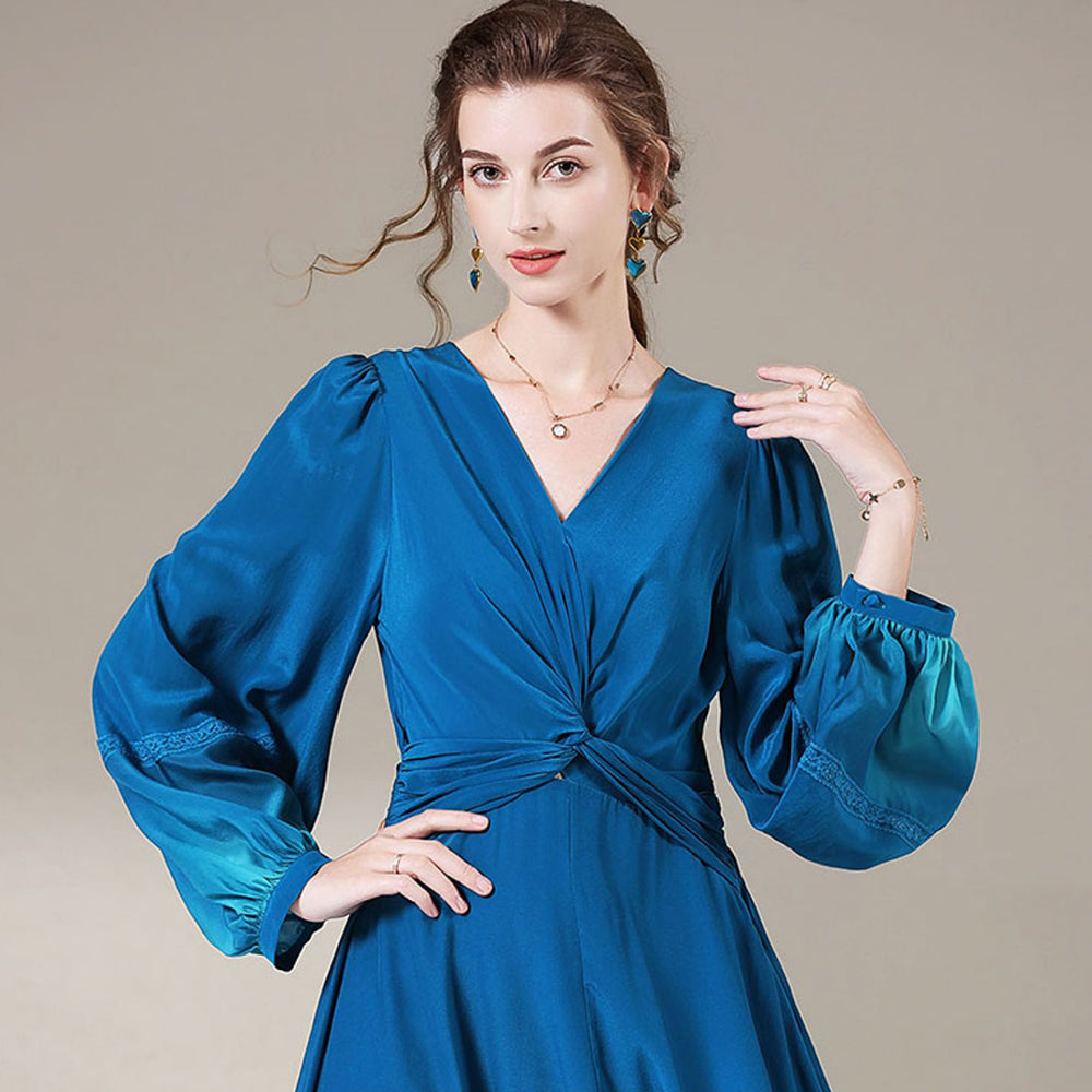 Blue Ombre Long Sleeve V Neck Luxury Long Mulberry Silk Dress SD061