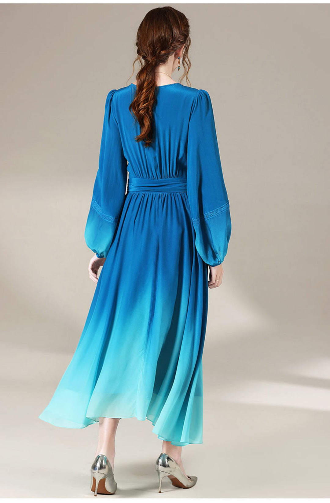 Blue Ombre Long Sleeve V Neck Luxury Long Mulberry Silk Dress SD061