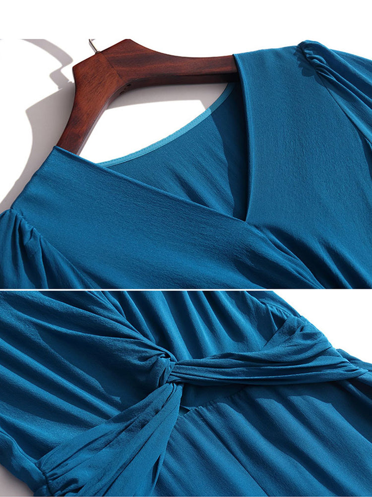 Blue Ombre Long Sleeve V Neck Luxury Long Mulberry Silk Dress SD061