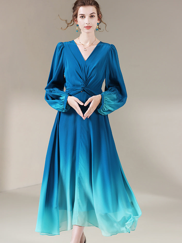 Blue Ombre Long Sleeve V Neck Luxury Long Mulberry Silk Dress SD061