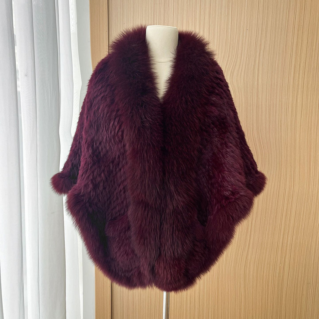 Women's Real Mink Fur Knitted Shawl Wrap with Pockets Fluffy Fox Fur Trimmed Cape