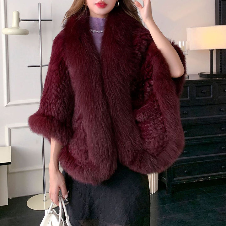 Women's Real Mink Fur Knitted Shawl Wrap with Pockets Fluffy Fox Fur Trimmed Cape