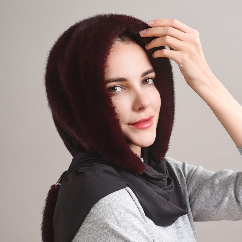 Luxury Real Mink Fur Hooded Hat with Scarf Elegant Winter Fur Hood for Women