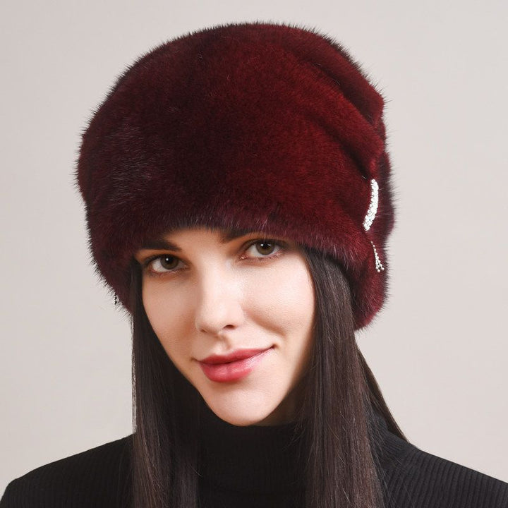 Tiger Printed Luxury Real Mink Fur Hat for Women Winter Slouchy Fur Beanie Beret Hat with Pom-Pom