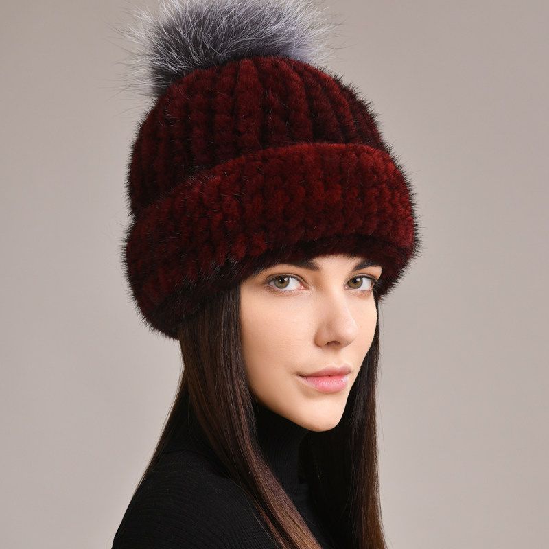 Luxury Real Mink Fur Beanie Hat with Fox Fur Pom-Pom Elegant Winter Knitted Hat for Women