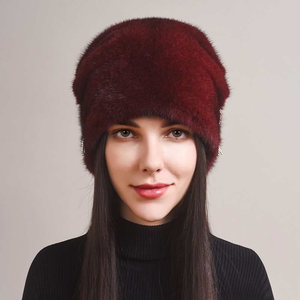 Tiger Printed Luxury Real Mink Fur Hat for Women Winter Slouchy Fur Beanie Beret Hat with Pom-Pom