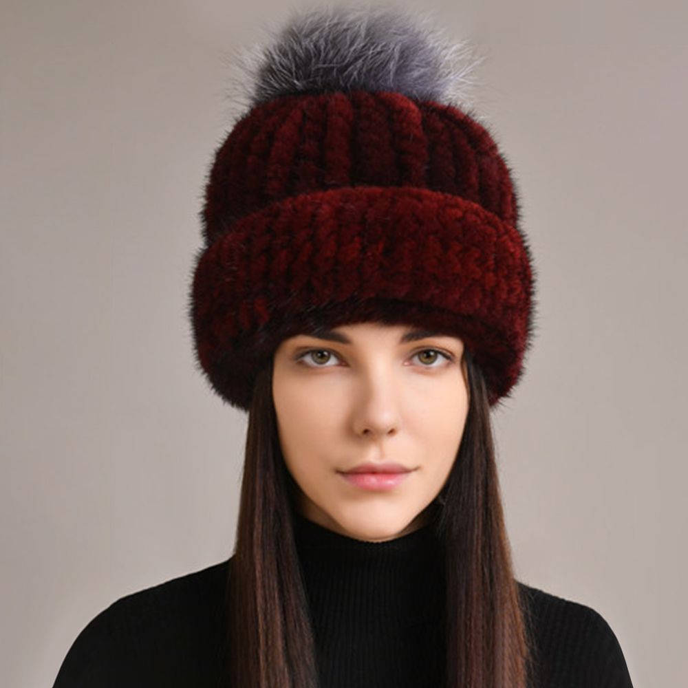 Luxury Real Mink Fur Beanie Hat with Fox Fur Pom-Pom Elegant Winter Knitted Hat for Women