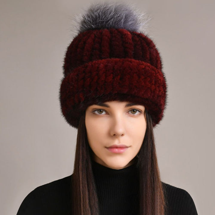 Luxury Real Mink Fur Beanie Hat with Fox Fur Pom-Pom Elegant Winter Knitted Hat for Women