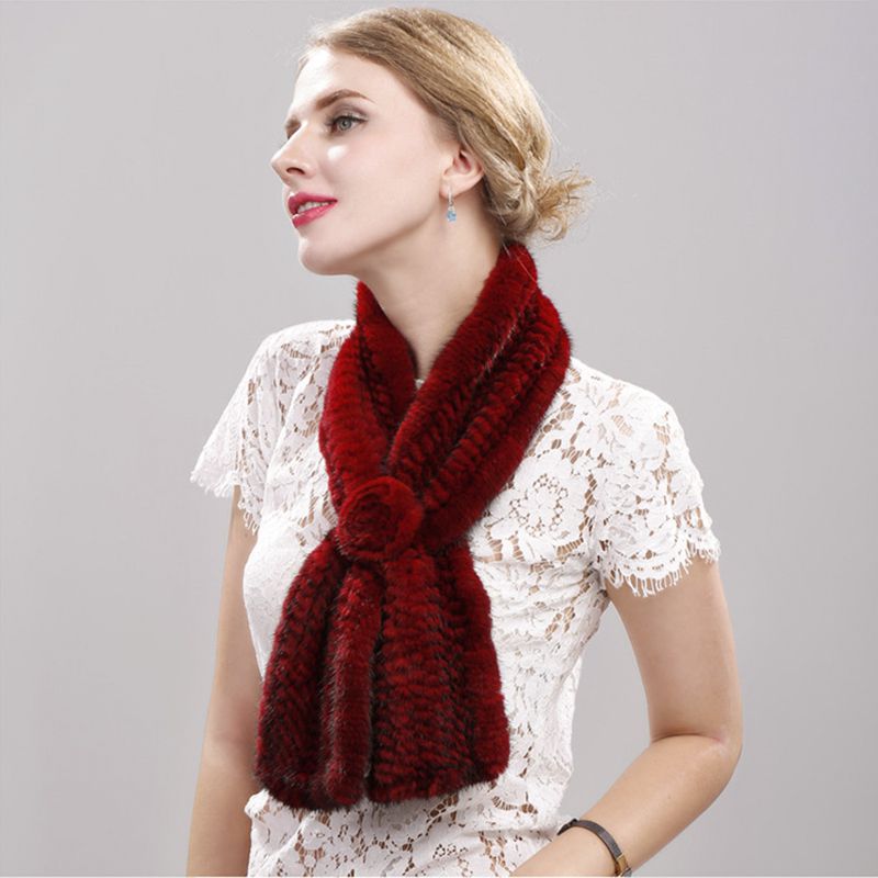 Luxury Real Mink Fur Scarf for Women Elegant Mink Fur Knitted Bow Flower Cross Neck Scarf