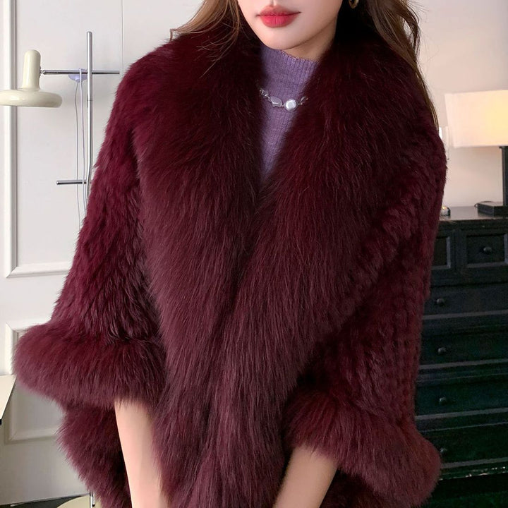 Women's Real Mink Fur Knitted Shawl Wrap with Pockets Fluffy Fox Fur Trimmed Cape