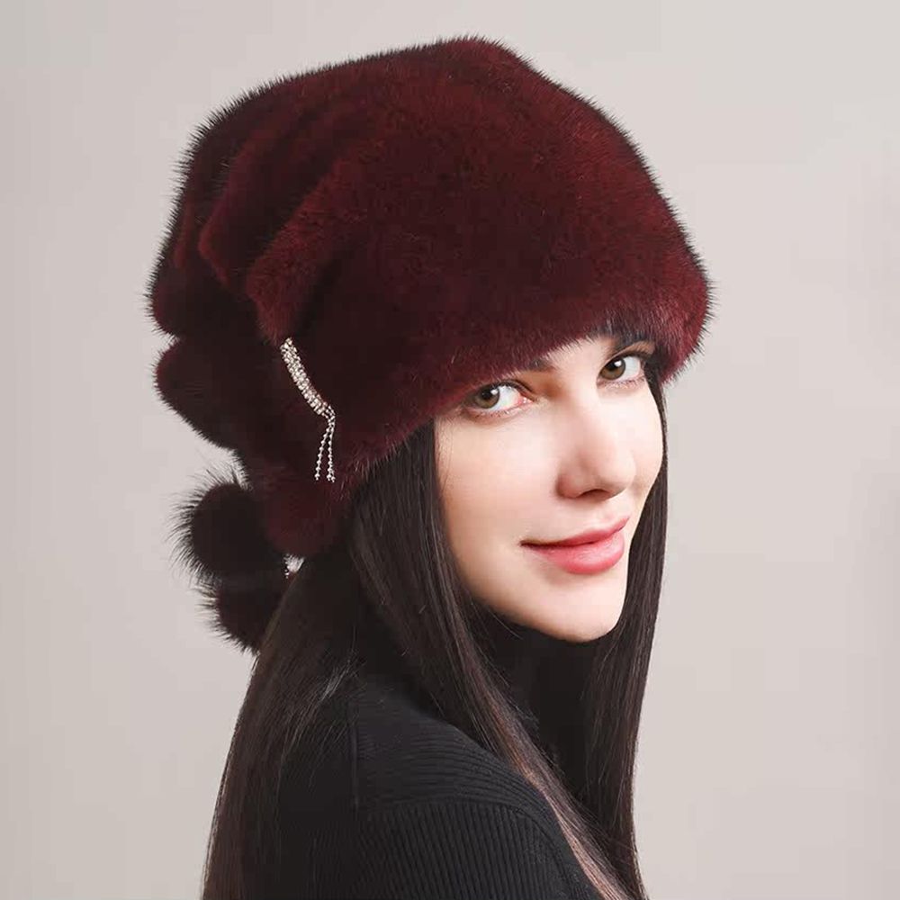 Tiger Printed Luxury Real Mink Fur Hat for Women Winter Slouchy Fur Beanie Beret Hat with Pom-Pom