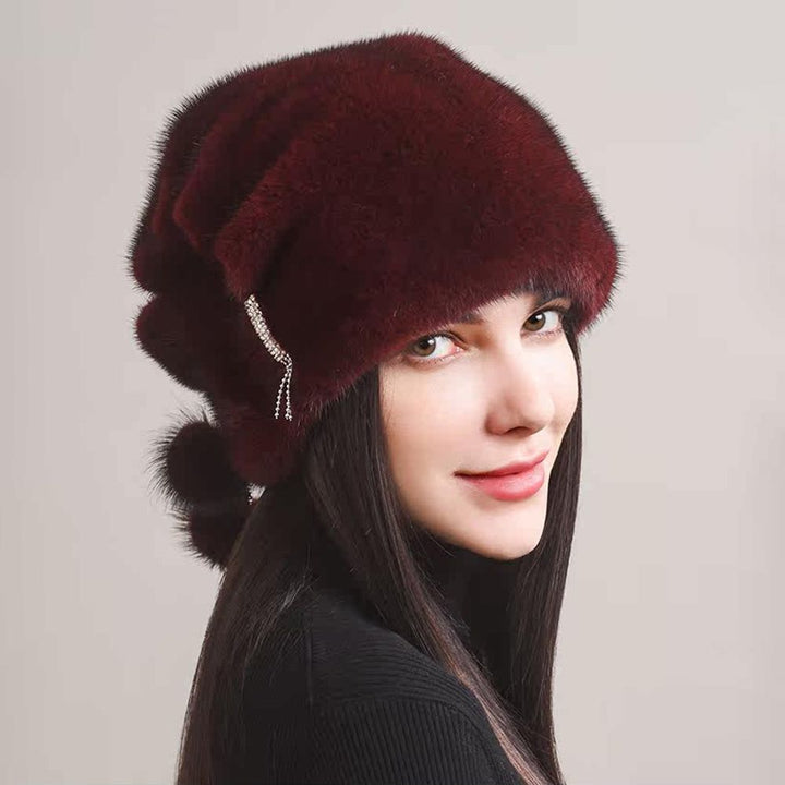 Tiger Printed Luxury Real Mink Fur Hat for Women Winter Slouchy Fur Beanie Beret Hat with Pom-Pom