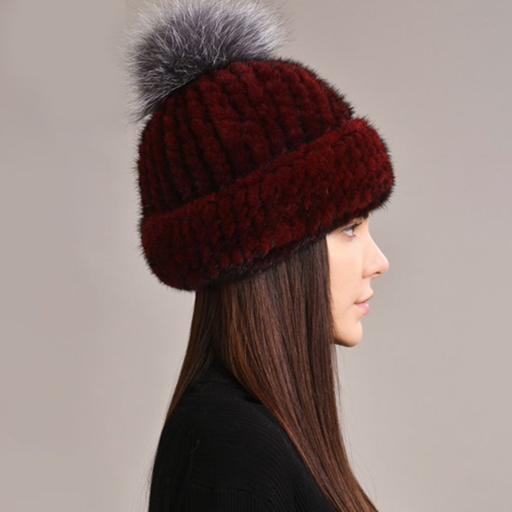 Luxury Real Mink Fur Beanie Hat with Fox Fur Pom-Pom Elegant Winter Knitted Hat for Women