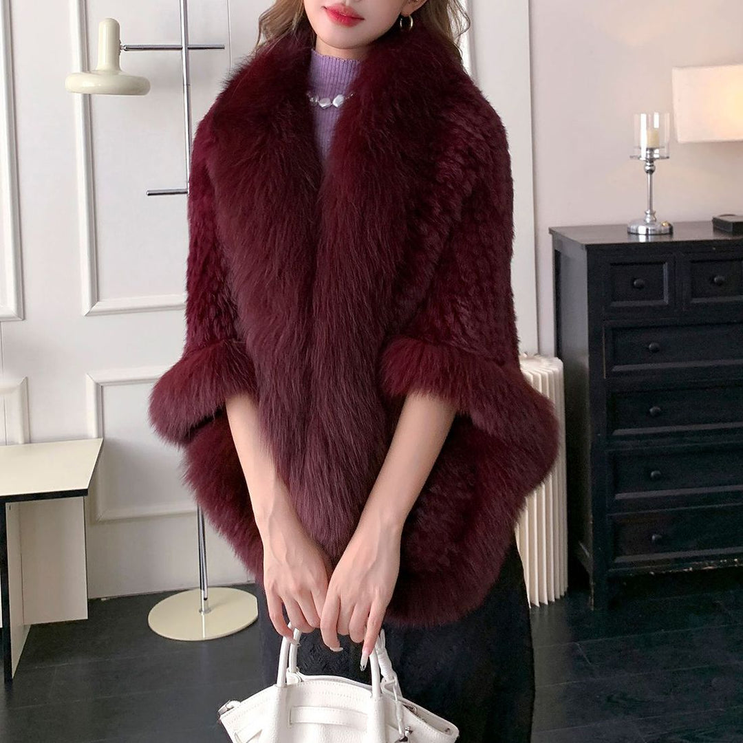 Women's Real Mink Fur Knitted Shawl Wrap with Pockets Fluffy Fox Fur Trimmed Cape