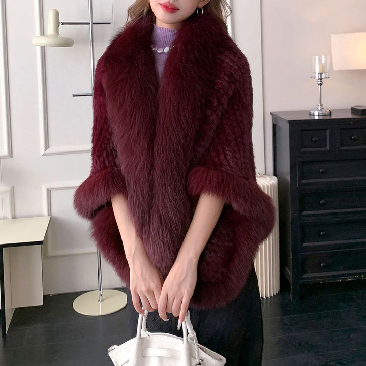 Women's Real Mink Fur Knitted Shawl Wrap with Pockets Fluffy Fox Fur Trimmed Cape