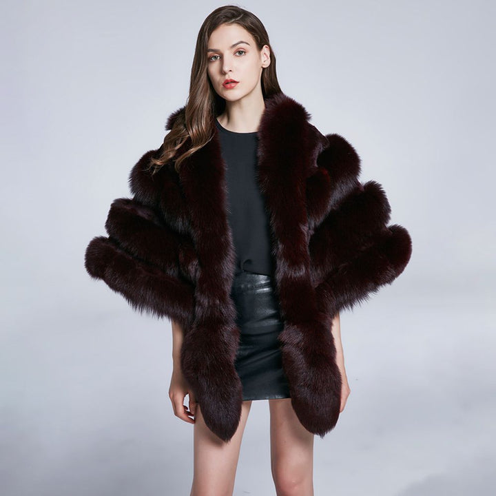 Women’s Real Fox Fur Shawl Wrap Cape Stole with Long Front Panels