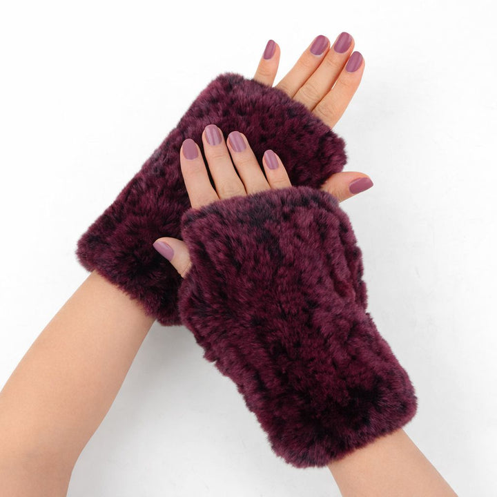 Women’s Real Rabbit Fur Fingerless Gloves Soft Plush Winter Knitted Mittens