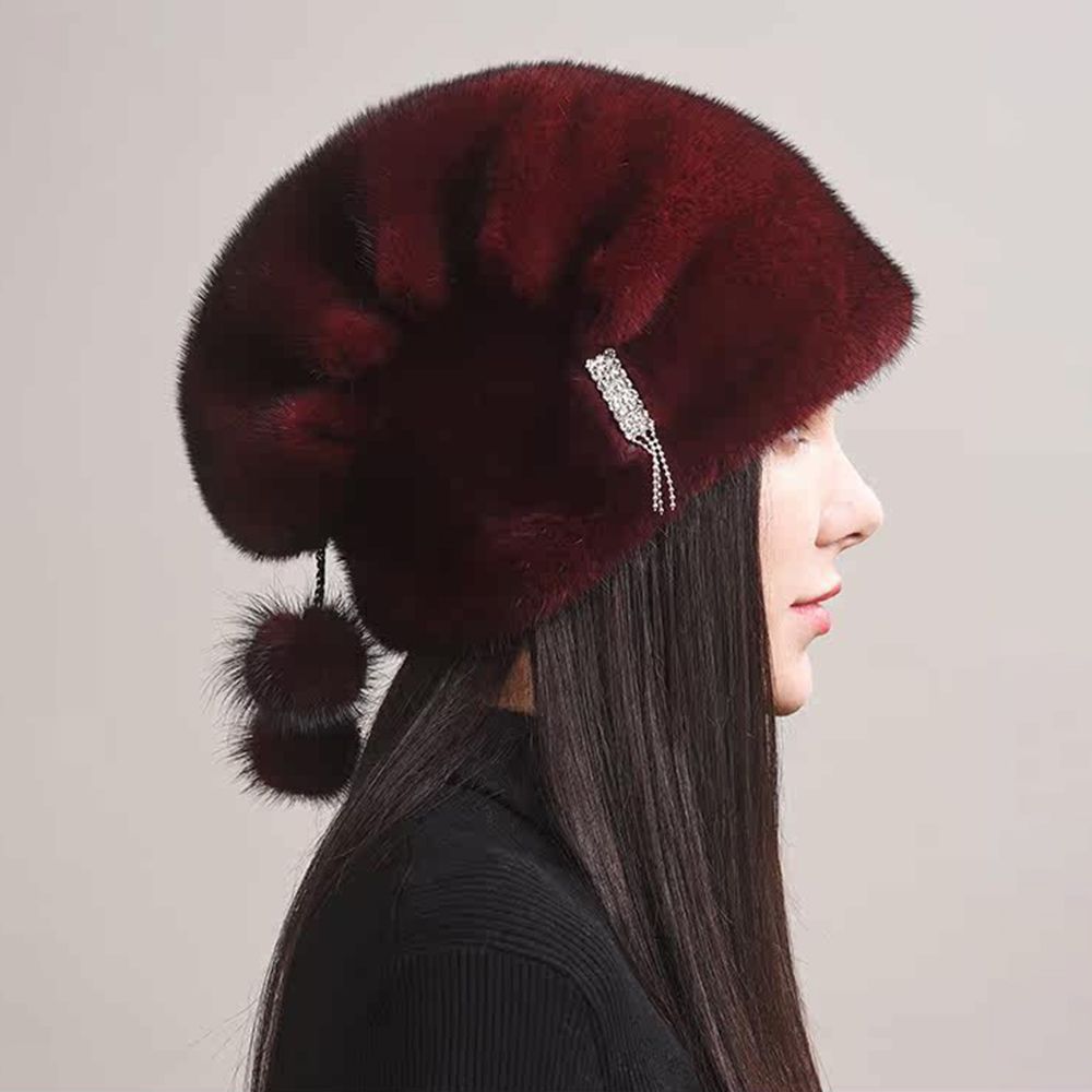 Tiger Printed Luxury Real Mink Fur Hat for Women Winter Slouchy Fur Beanie Beret Hat with Pom-Pom