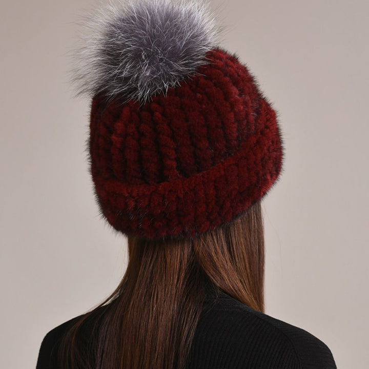 Luxury Real Mink Fur Beanie Hat with Fox Fur Pom-Pom Elegant Winter Knitted Hat for Women