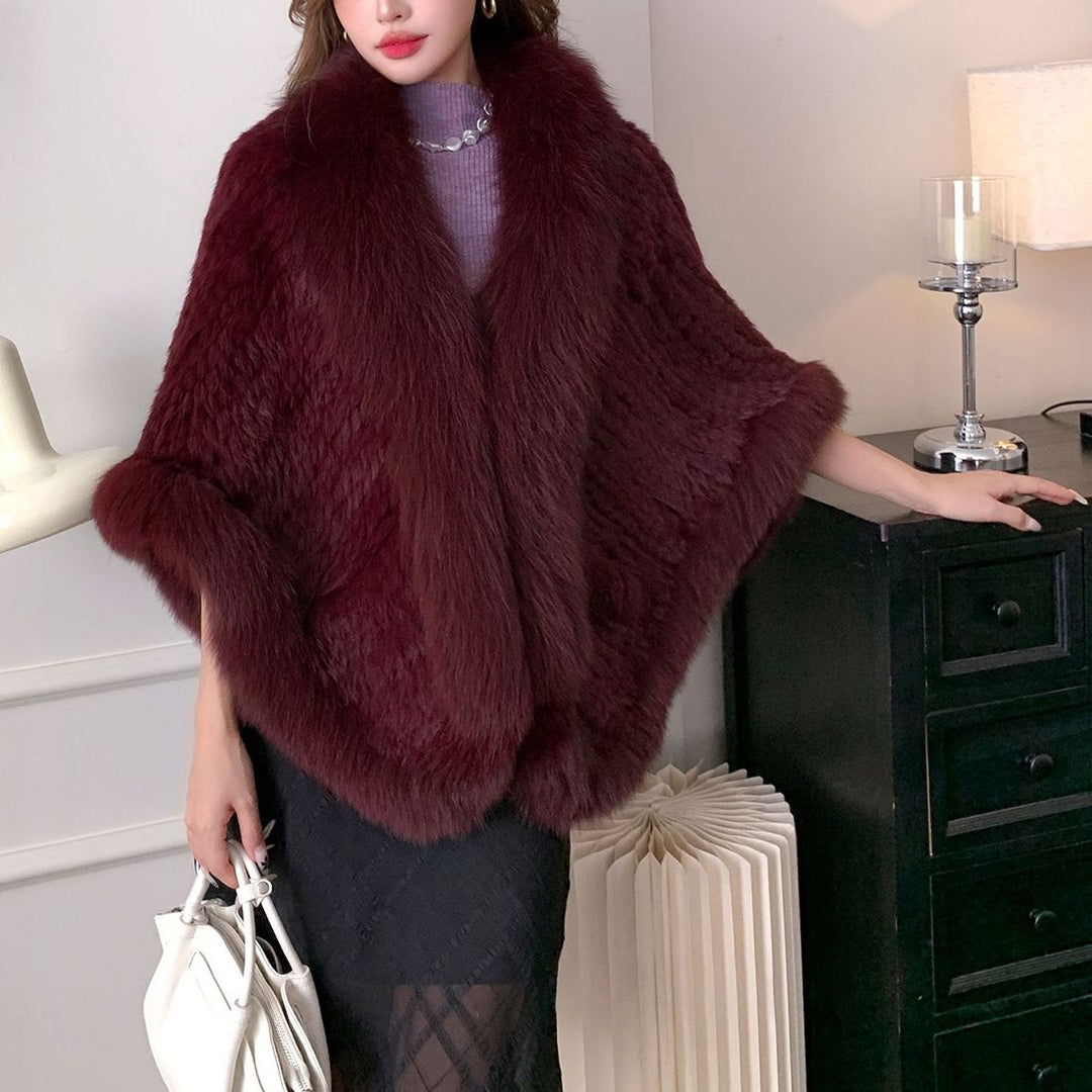 Women's Real Mink Fur Knitted Shawl Wrap with Pockets Fluffy Fox Fur Trimmed Cape
