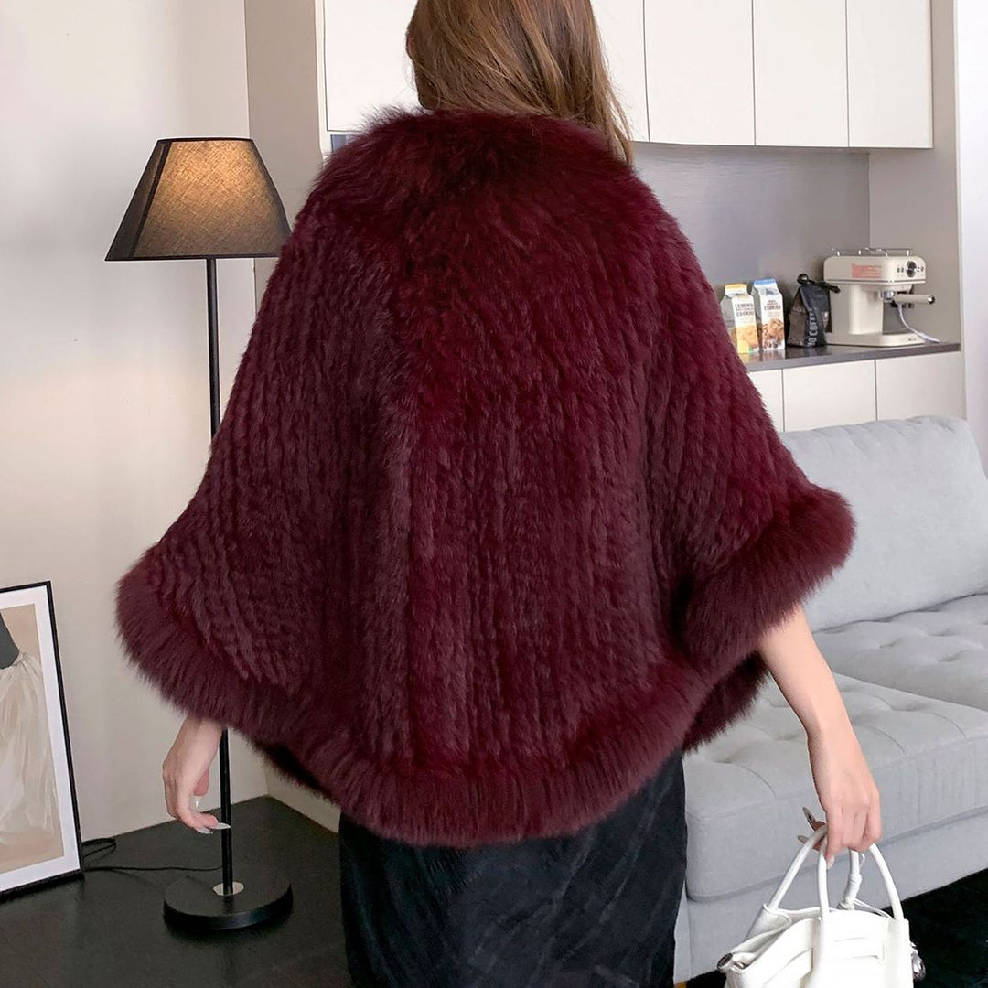 Women's Real Mink Fur Knitted Shawl Wrap with Pockets Fluffy Fox Fur Trimmed Cape