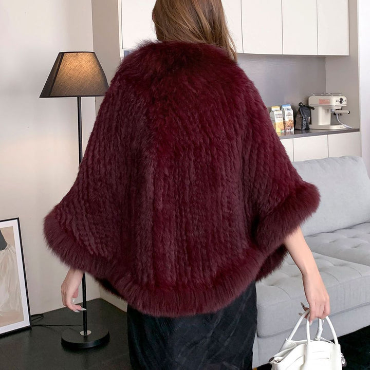 Women's Real Mink Fur Knitted Shawl Wrap with Pockets Fluffy Fox Fur Trimmed Cape