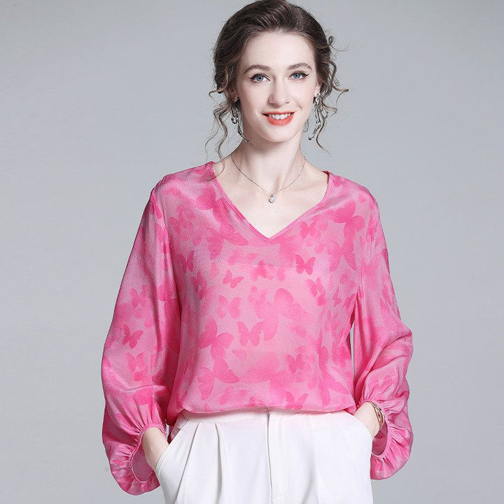 Butterfly Jacquard V-Neck Hot Pink Long Lantern Sleeve Silk Blouse