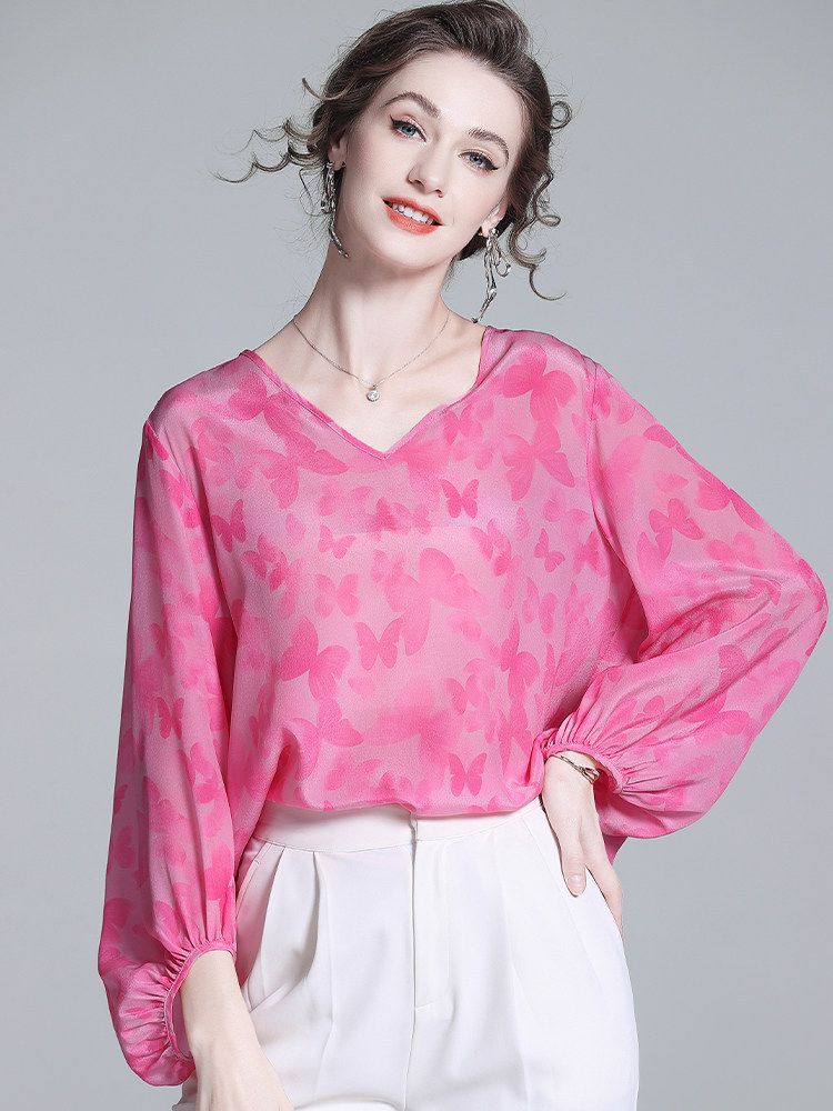 Butterfly Jacquard V-Neck Hot Pink Long Lantern Sleeve Silk Blouse