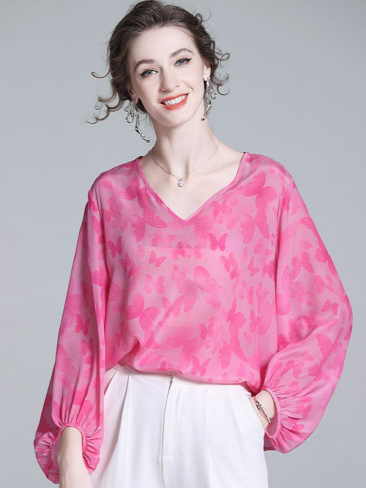 Butterfly Jacquard V-Neck Hot Pink Long Lantern Sleeve Silk Blouse