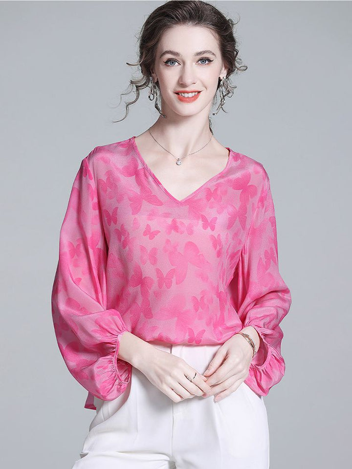 Butterfly Jacquard V-Neck Hot Pink Long Lantern Sleeve Silk Blouse