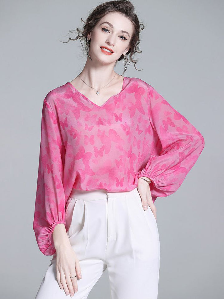 Butterfly Jacquard V-Neck Hot Pink Long Lantern Sleeve Silk Blouse