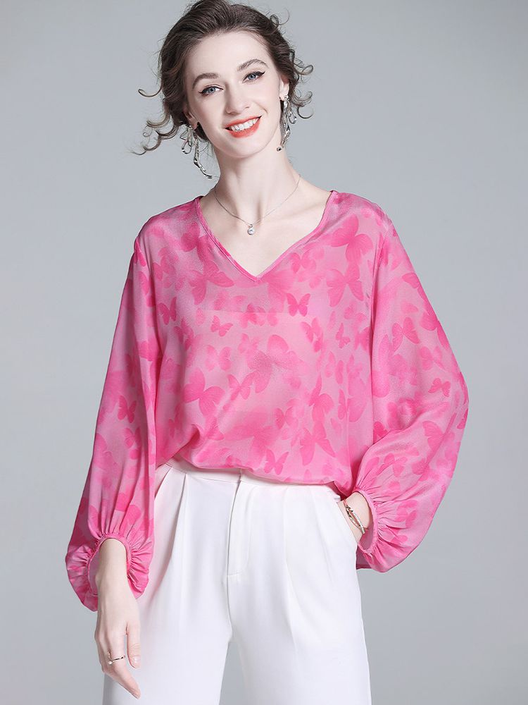 Butterfly Jacquard V-Neck Hot Pink Long Lantern Sleeve Silk Blouse