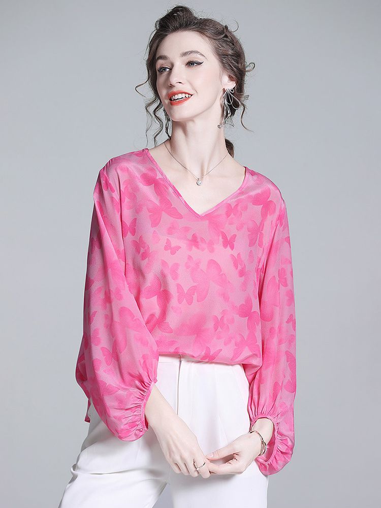 Butterfly Jacquard V-Neck Hot Pink Long Lantern Sleeve Silk Blouse