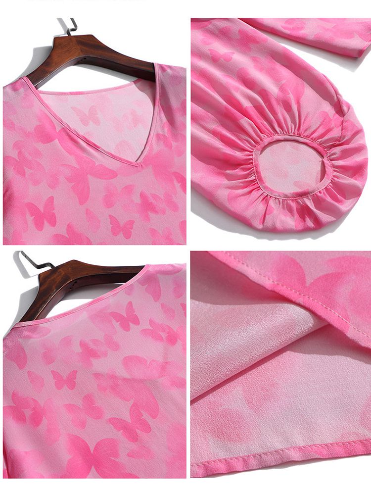 Butterfly Jacquard V-Neck Hot Pink Long Lantern Sleeve Silk Blouse