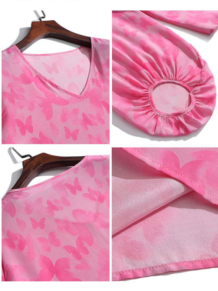 Butterfly Jacquard V-Neck Hot Pink Long Lantern Sleeve Silk Blouse