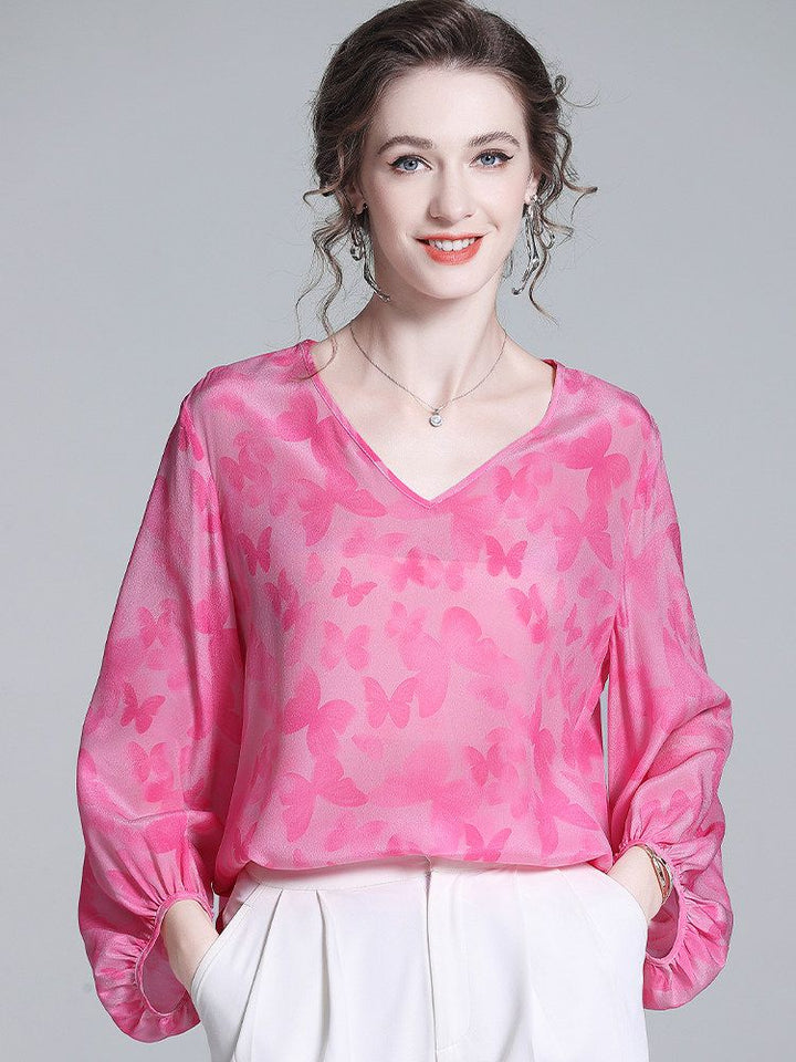 Butterfly Jacquard V-Neck Hot Pink Long Lantern Sleeve Silk Blouse
