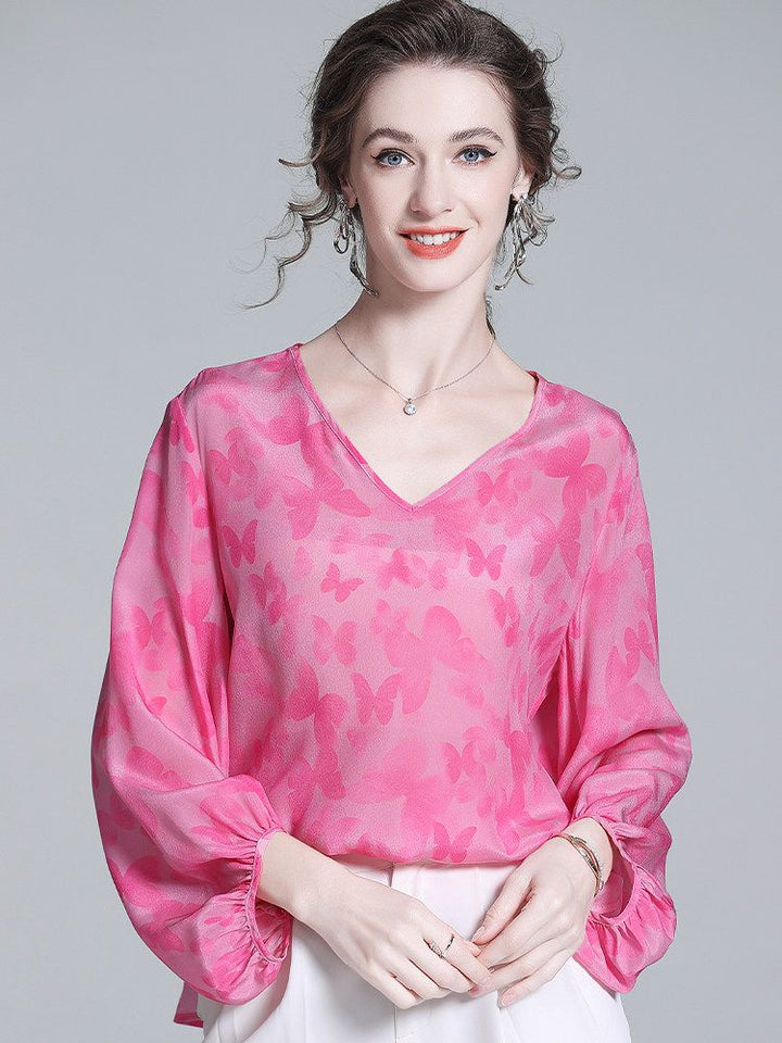 Butterfly Jacquard V-Neck Hot Pink Long Lantern Sleeve Silk Blouse
