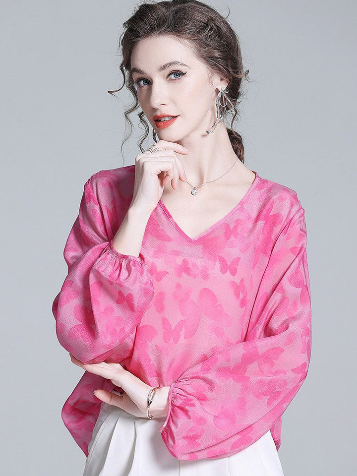 Butterfly Jacquard V-Neck Hot Pink Long Lantern Sleeve Silk Blouse