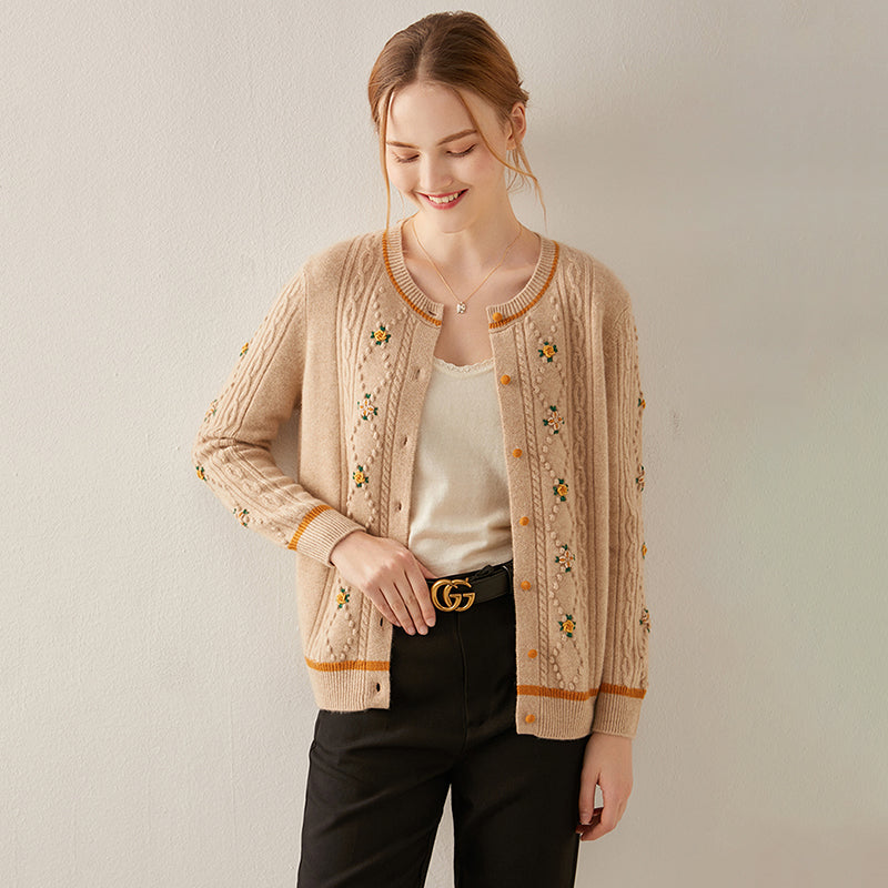 Button Front Ribbed Flower Cashmere Cardigan CS010