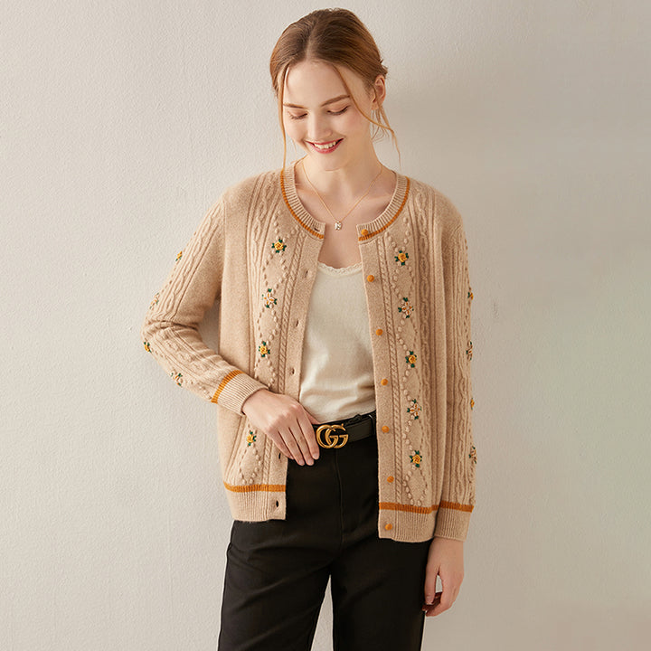 Button Front Ribbed Flower Cashmere Cardigan CS010