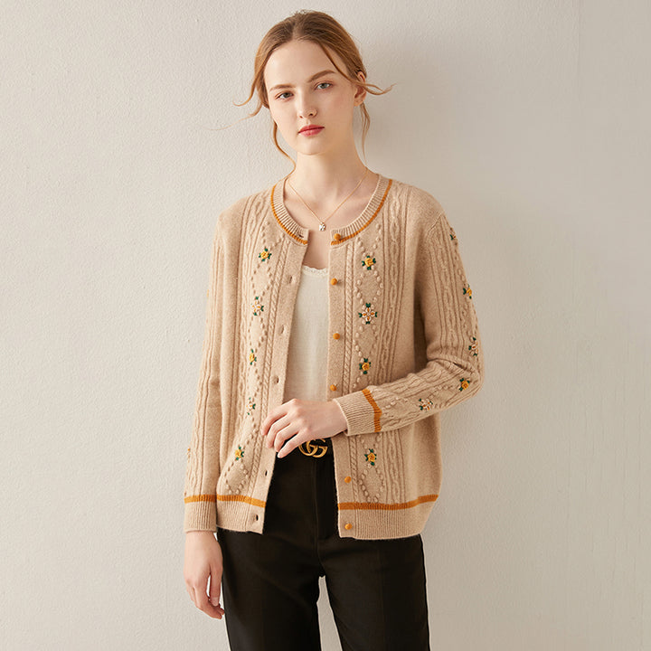 Button Front Ribbed Flower Cashmere Cardigan CS010