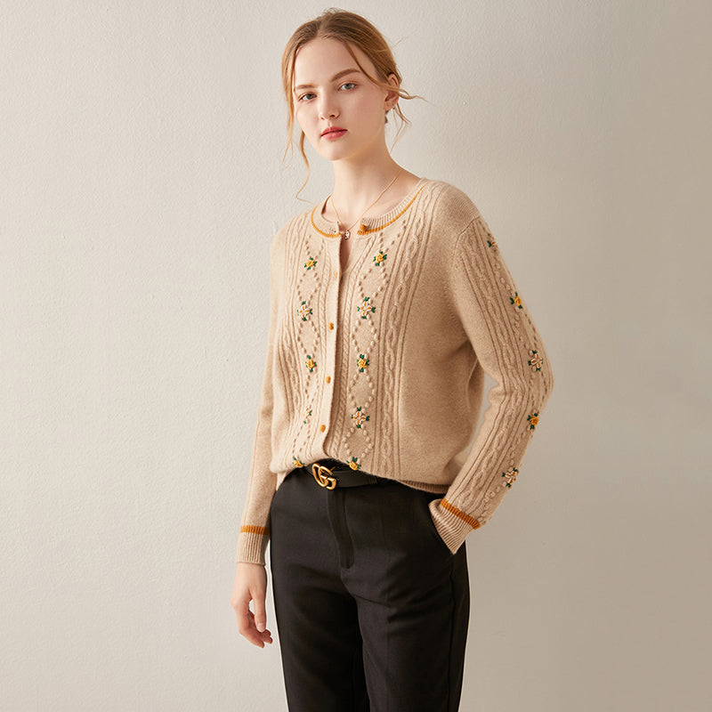 Button Front Ribbed Flower Cashmere Cardigan CS010