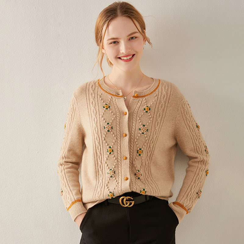 Button Front Ribbed Flower Cashmere Cardigan CS010