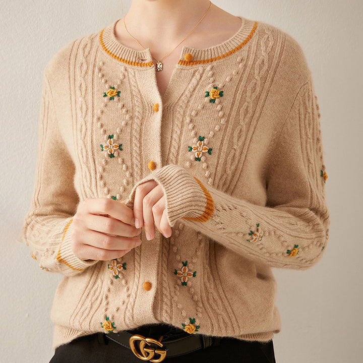 Button Front Ribbed Flower Cashmere Cardigan CS010