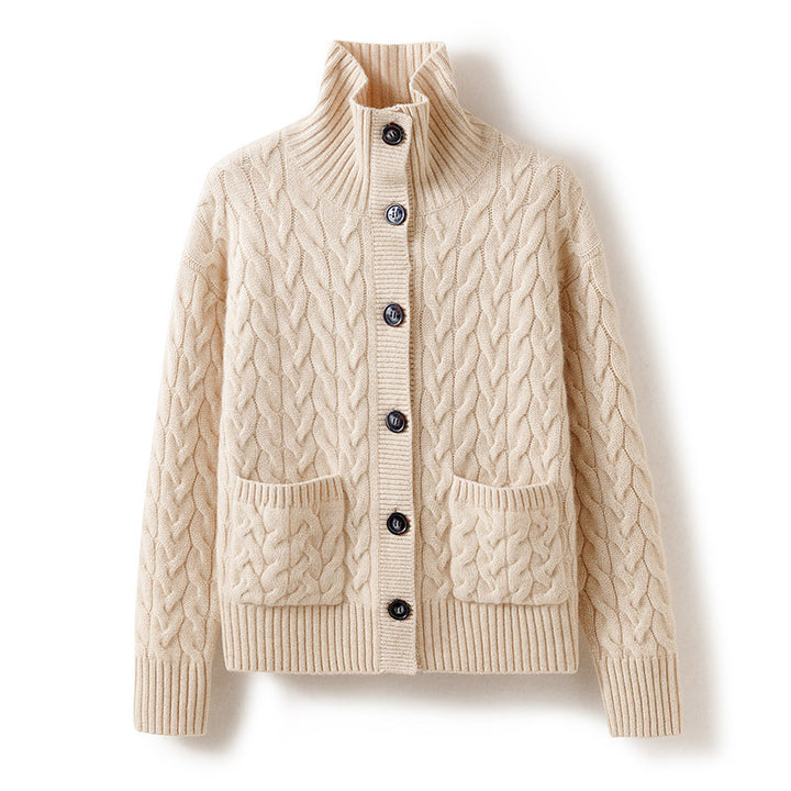 Cable-Knit 100% Cashmere Button Up Cardigan Mock Neck Sweater CP021