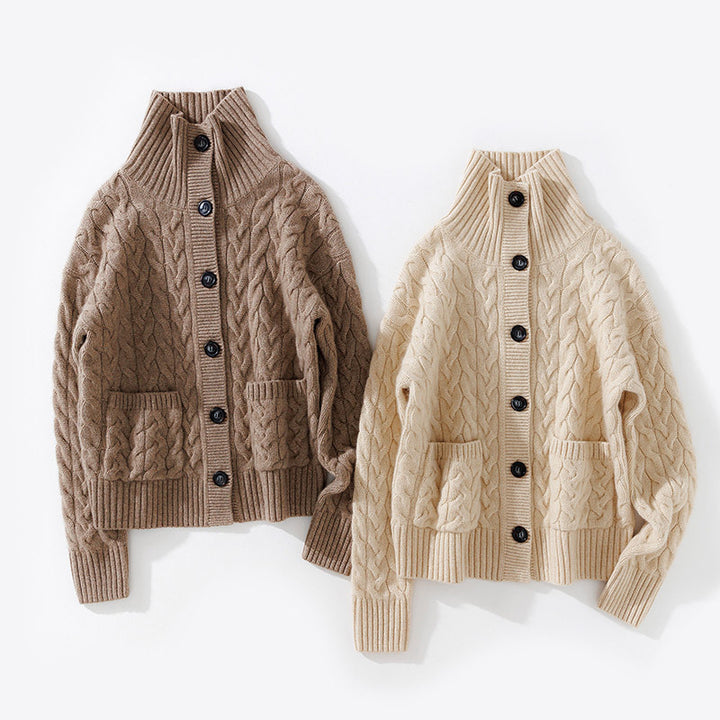 Cable-Knit 100% Cashmere Button Up Cardigan Mock Neck Sweater CP021