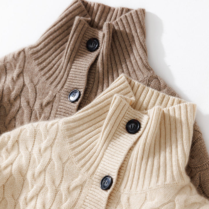 Cable-Knit 100% Cashmere Button Up Cardigan Mock Neck Sweater CP021